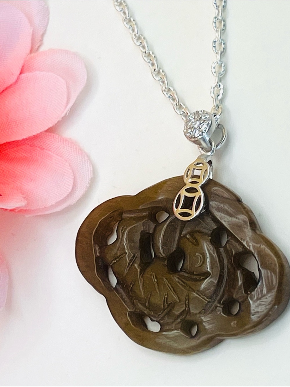 Silver Chain Necklace with Brown carved stone Pendant, Gish design
